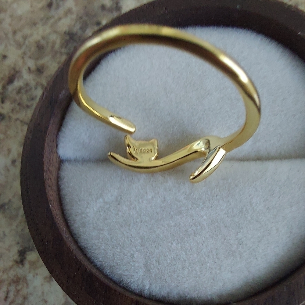 Gold Plated 925 Sterling Silver Cat Adjustable Ring - Picture 7 of 8